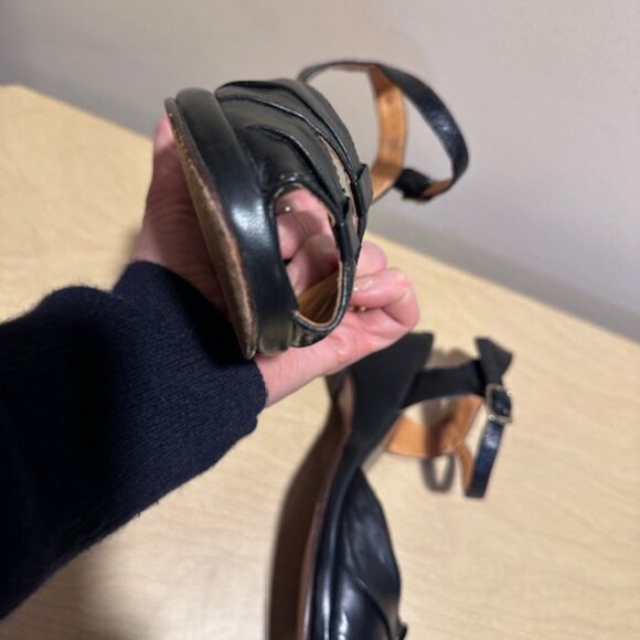 Re-mix Pleated Toe Vintage Style Black Leather Sandal Wedge Peep Toe - Picture 10 of 12